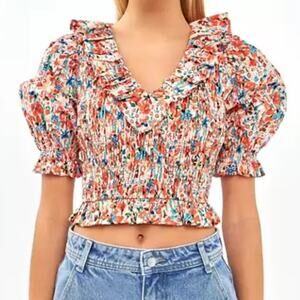 English Factory Ruffle Neck Smocked Top Floral Cropped M NWOT Feminine Playful